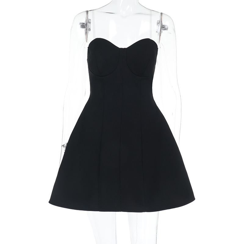 Women Strapless Sexy Backless Black Dress