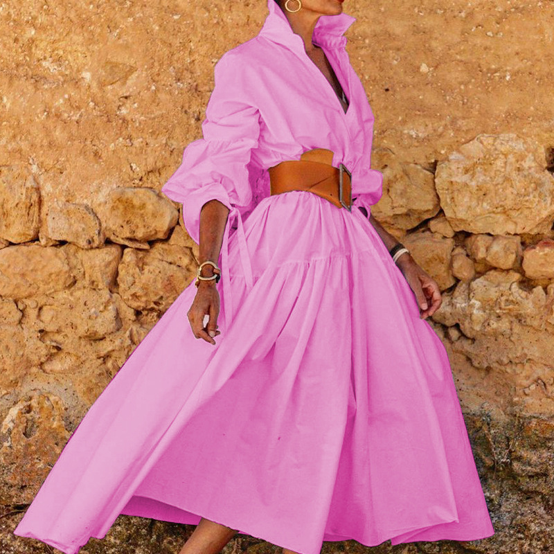 Spring Women's Fashion Chic Turndown Collar Long Sleeve Casual Midi Dress