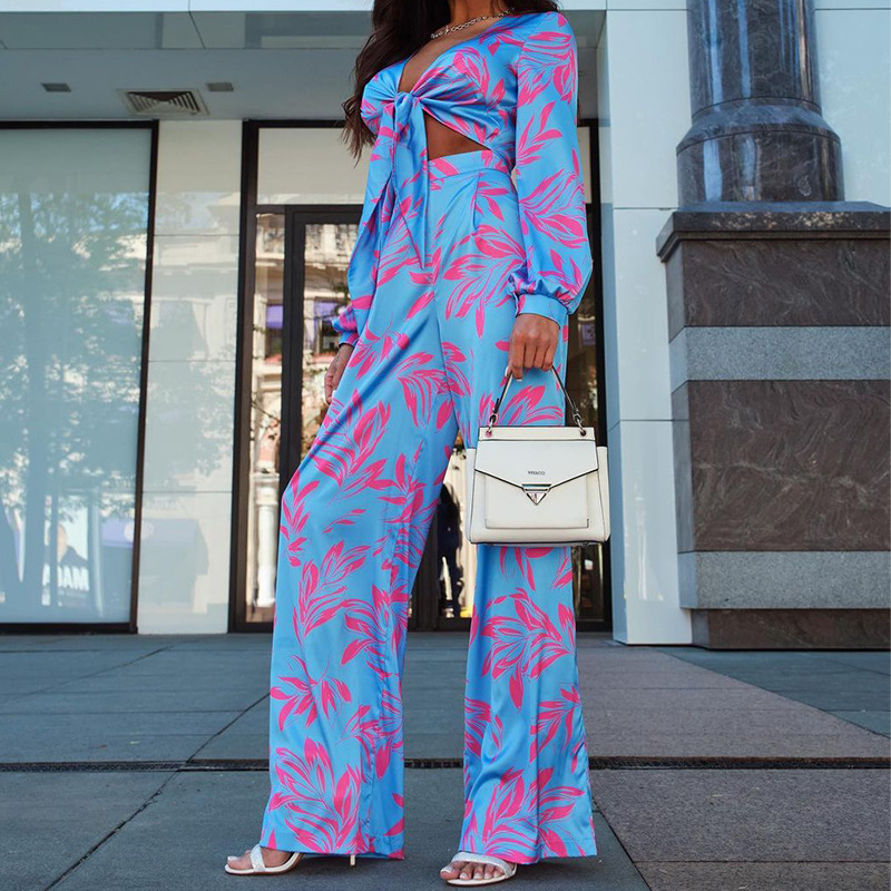 Spring Women's Fashion Sexy Shirt Straight High-Waist Wide-Leg Pants Set
