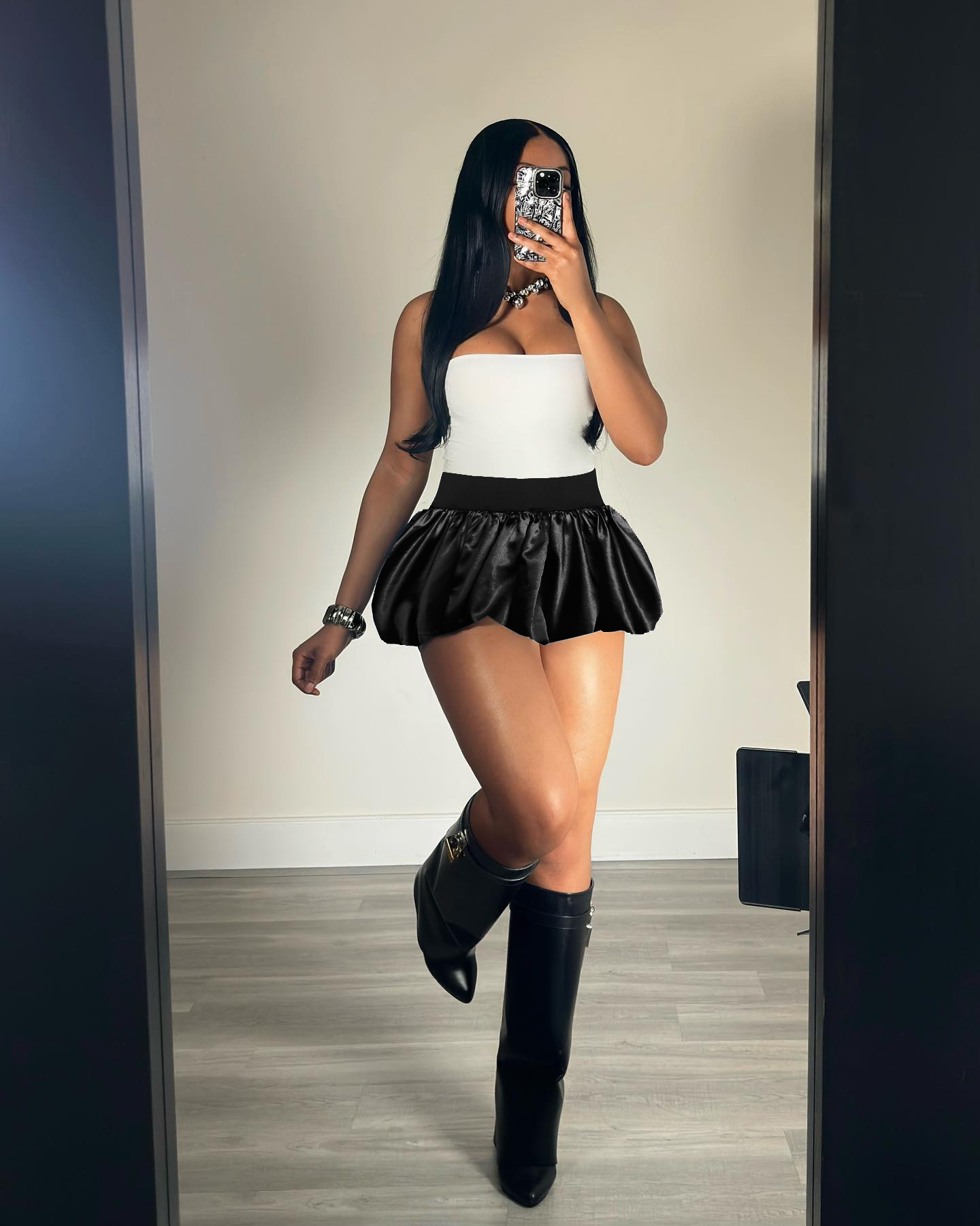 Women Glitter Mini Pleated Solid Bubble Skirt