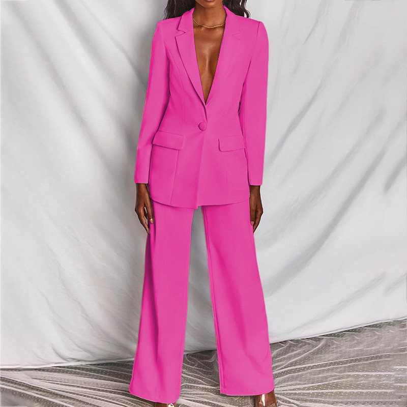 Spring Women's Fashion Chic Long Sleeve Blazer With Straight Pants Set