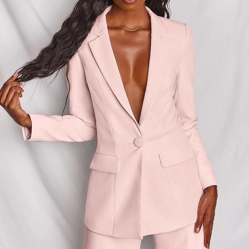 Spring Women's Fashion Chic Long Sleeve Blazer With Straight Pants Set