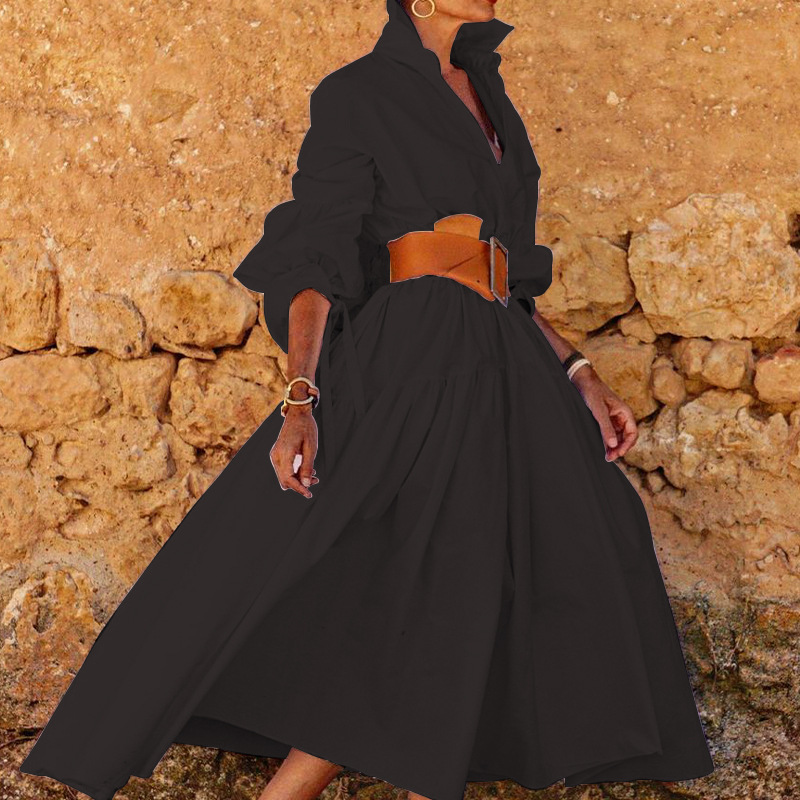 Spring Women's Fashion Chic Turndown Collar Long Sleeve Casual Midi Dress