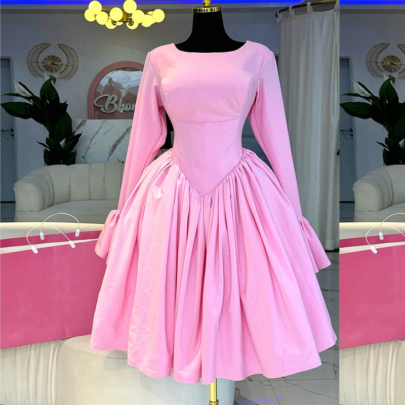 Women's Spring Chic Elegant Round Neck Long Sleeve Lace-Up High-Waist A-Line Dress