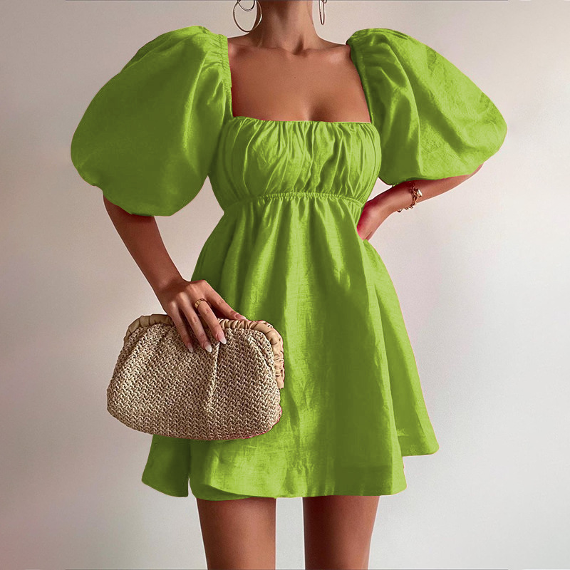 Spring Women's Fashion Square Neck Puff Sleeve Linen Dress