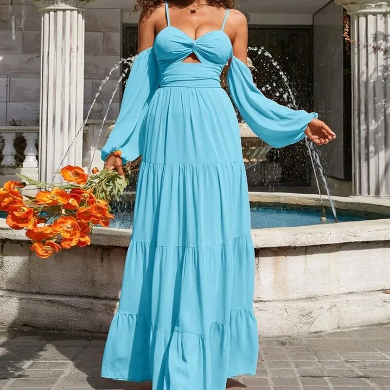 Spring Women's Fashion Sexy Solid Color Long Sleeve Strap Maxi Dress