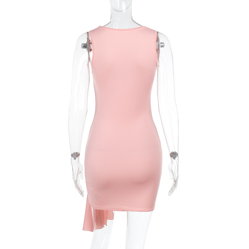 Women Spring Summer Sexy Gathered Ribbon Solid Dress