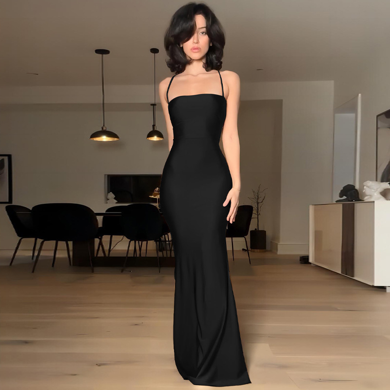Women's Spring Solid Color Strap Low-Back Lace-Up Slim Long Dress