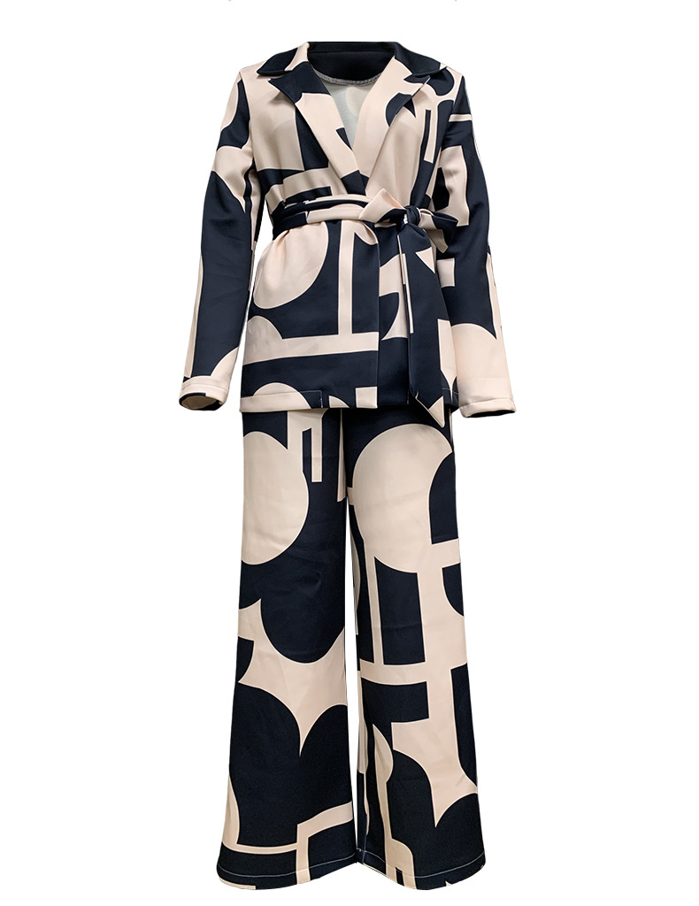 Spring Autumn Women's Fashion Print Turndown Collar Blazer With Tight Pants Set