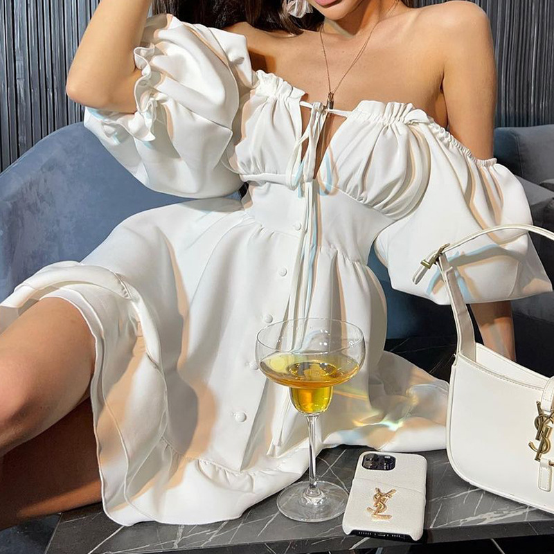 Women Summer Short Sleeve Off Shoulder Lace-up Dress