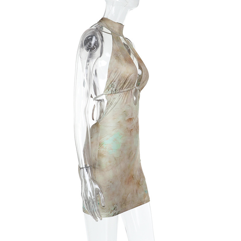 Women Sexy Hollow Print Halter Neck Backless Bodycon Dress
