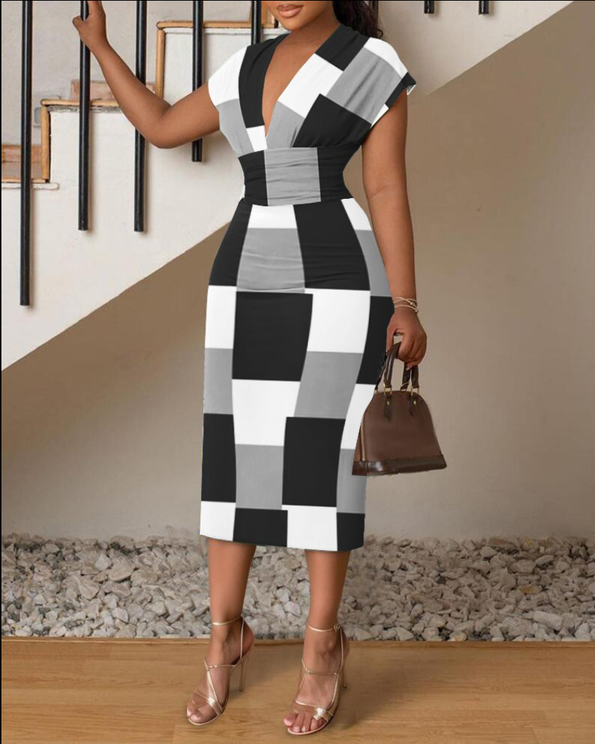Women's Fashion Chic V Neck Slim Print Dress