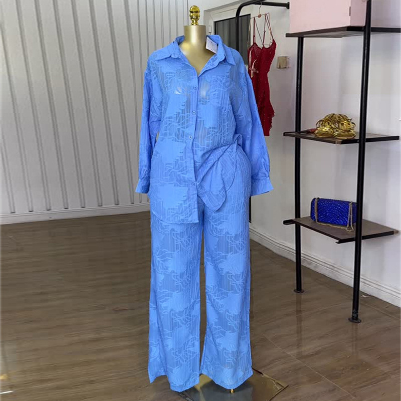 Women Summer Turndown Collar Patch Pocket Long Sleeve Shirt and Straight PantsTwo Piece Set