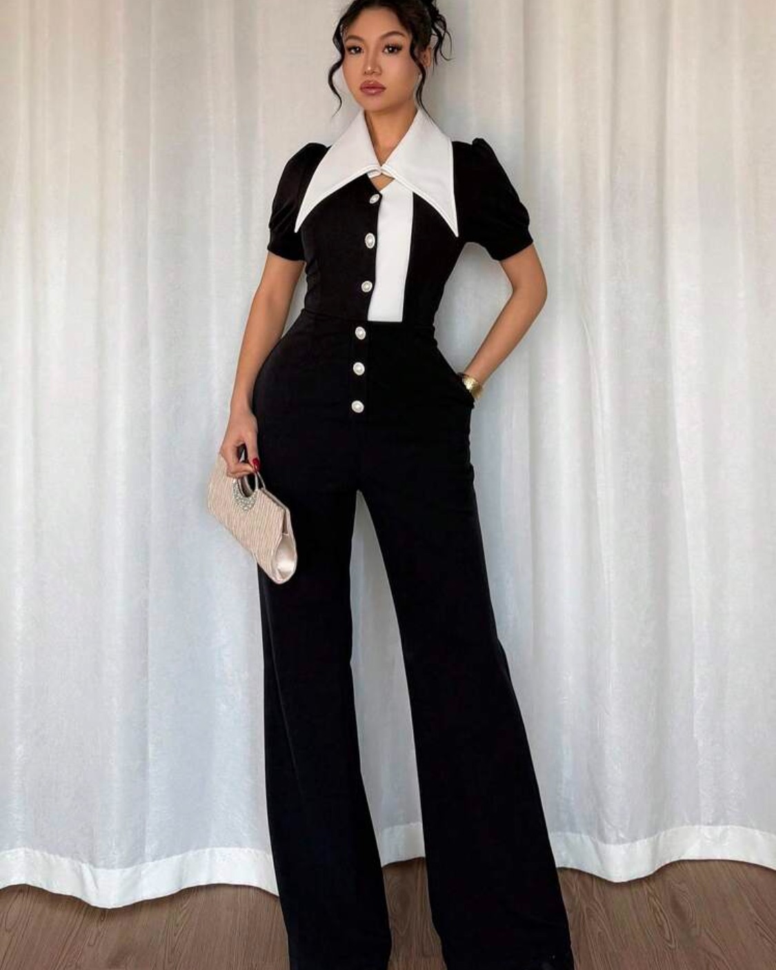Women Fashion Contrast Sleeveless Button Jumpsuits