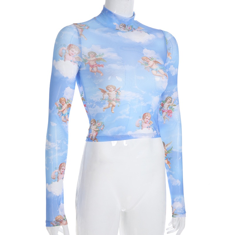 Women's Angel Print Mesh Long-Sleeve T-Shirt