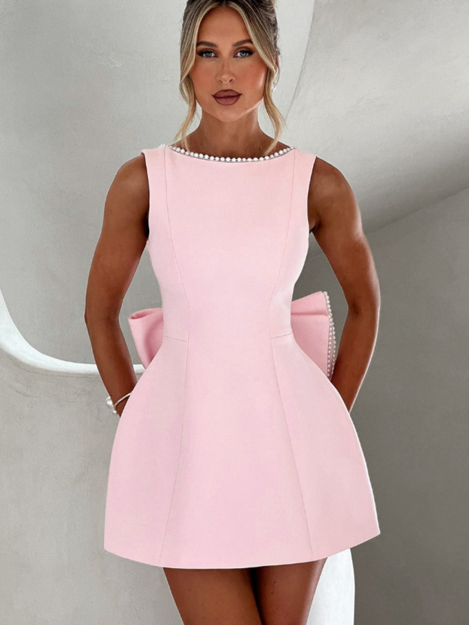 Women Summer Pearl Edge Backless Dress