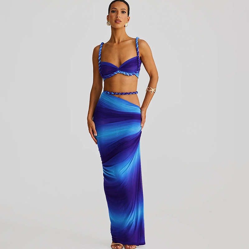 Women Spring Sexy Solid Backless Top and Bodycon Skirt Two-piece Set