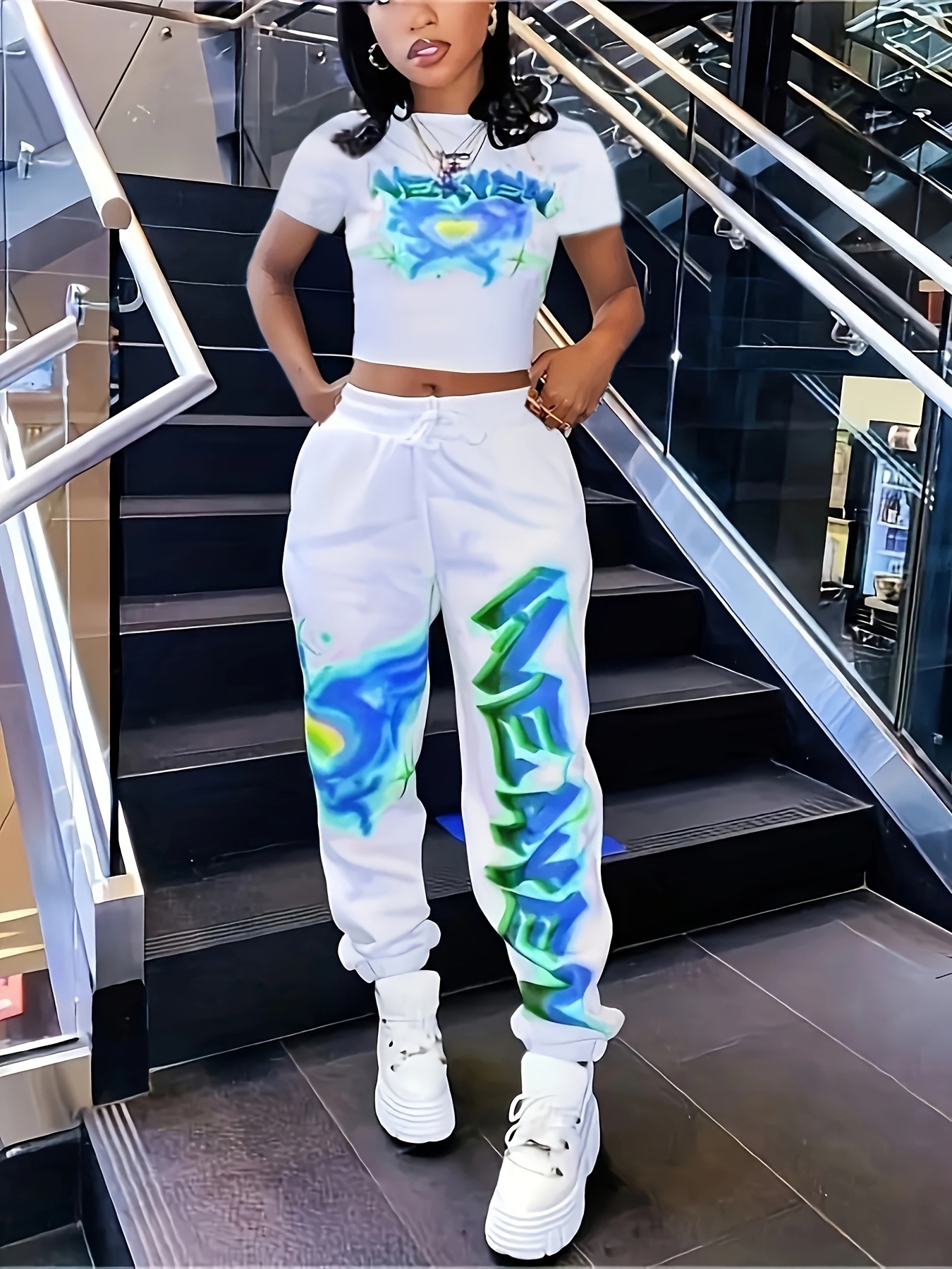 Print Long-Sleeve Top and Sweatpants Casual Two-Piece Set