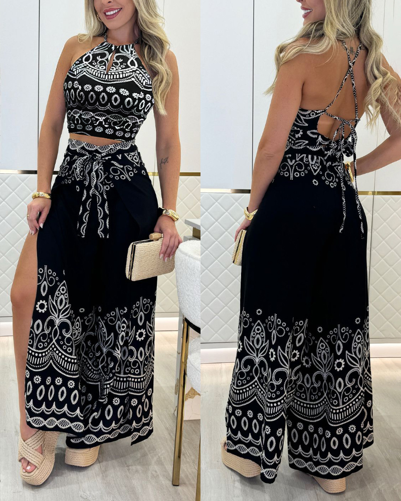 Women Retro Lace-Up Print Crop Top and Pants Two Piece Set
