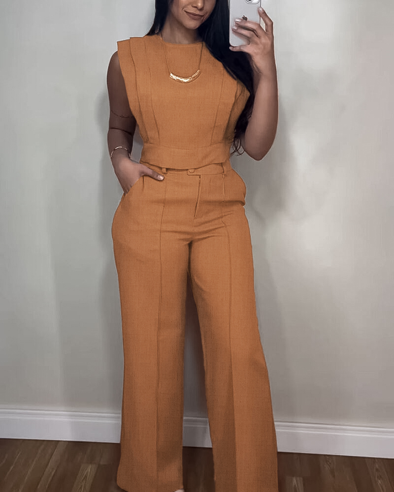 Women Round Neck Crop Top and Pants Casual Two Piece Set