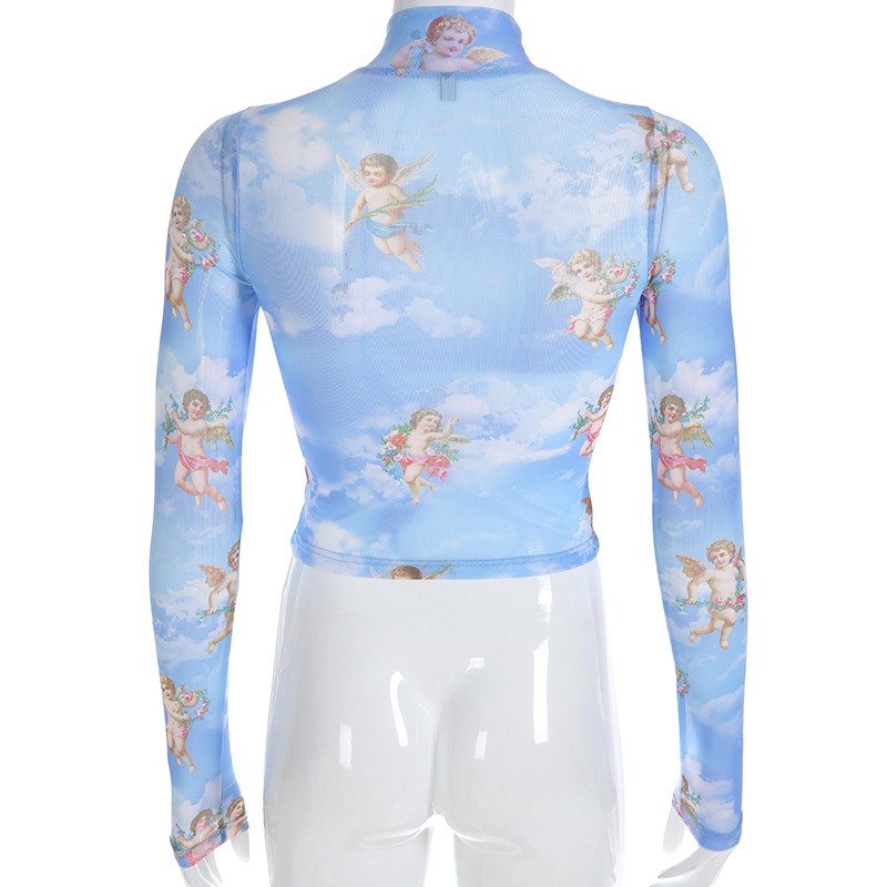 Women's Angel Print Mesh Long-Sleeve T-Shirt