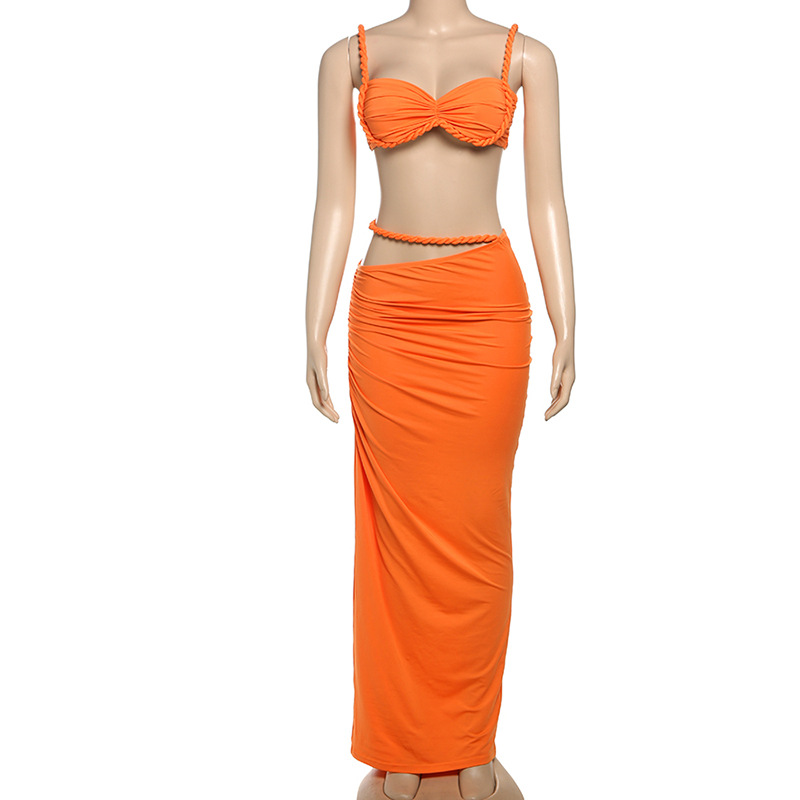Women Spring Sexy Solid Backless Top and Bodycon Skirt Two-piece Set